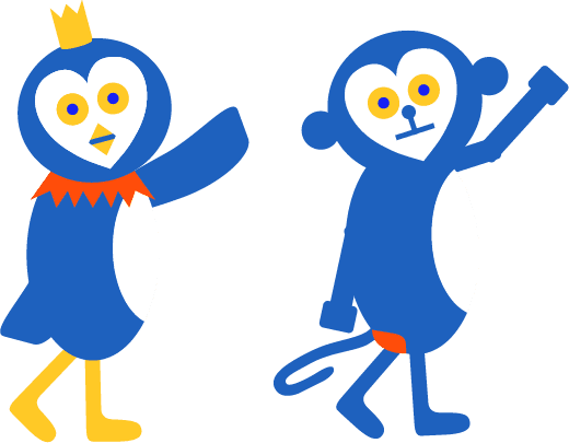 手を振るポン先生とトリサルのイラスト